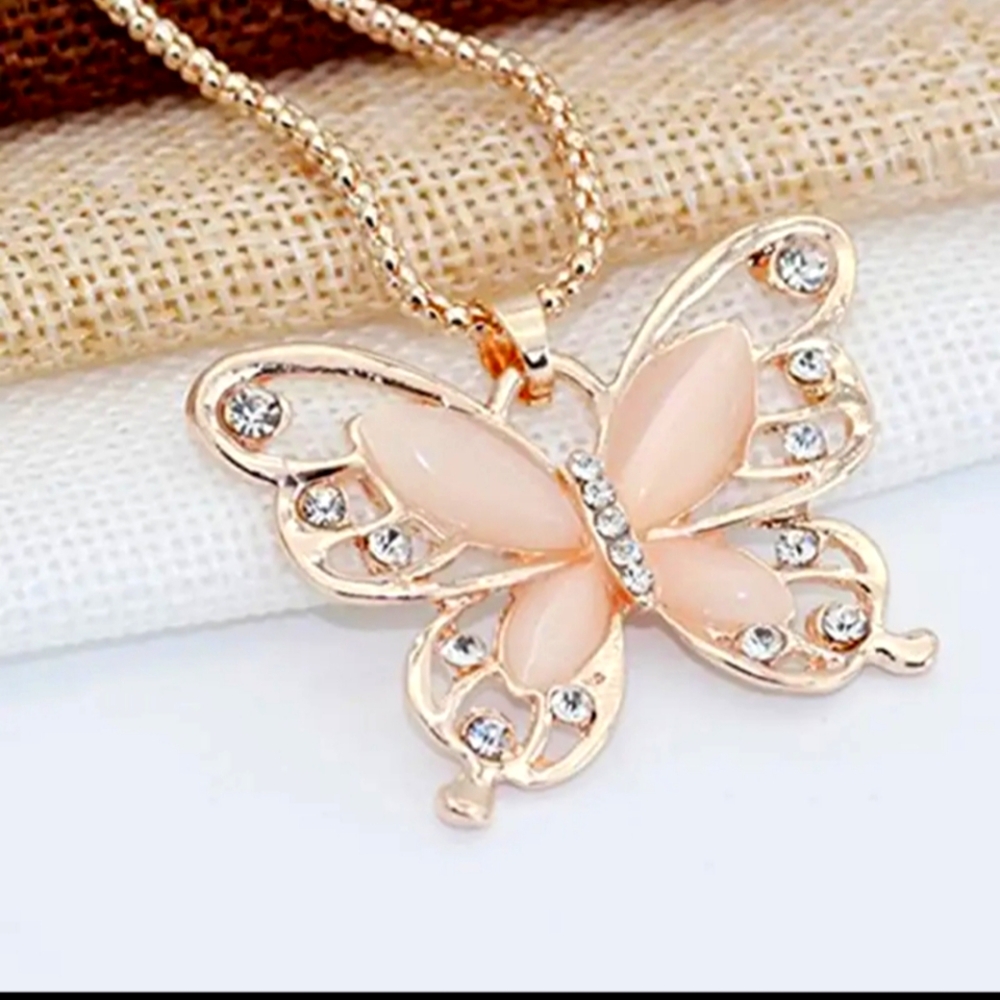 Rose Gold Opal Butterfly Pendant Necklace - Picture 2 of 6